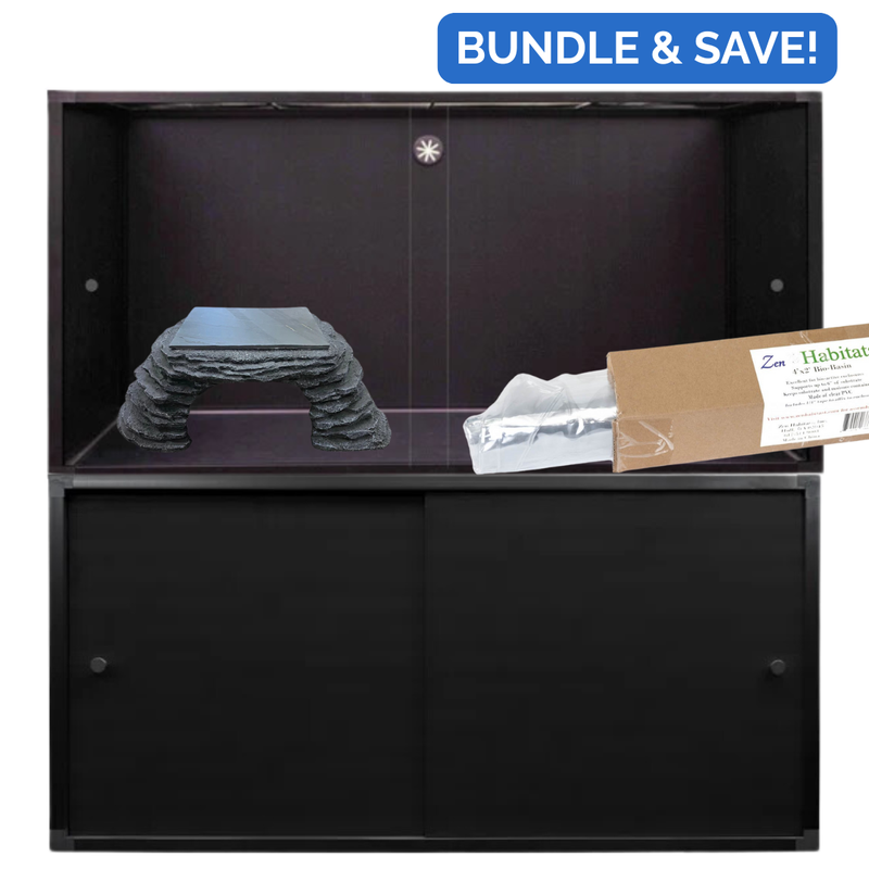 Naturalistic/Bio-Active Bundle: 4'x2'x2' Reptile Enclosure + Cabinet Stand + Bio-Basin + Zen Cave